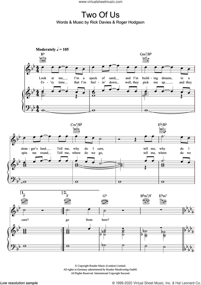Two Of Us sheet music for voice, piano or guitar by Supertramp, Rick Davies and Roger Hodgson, intermediate skill level