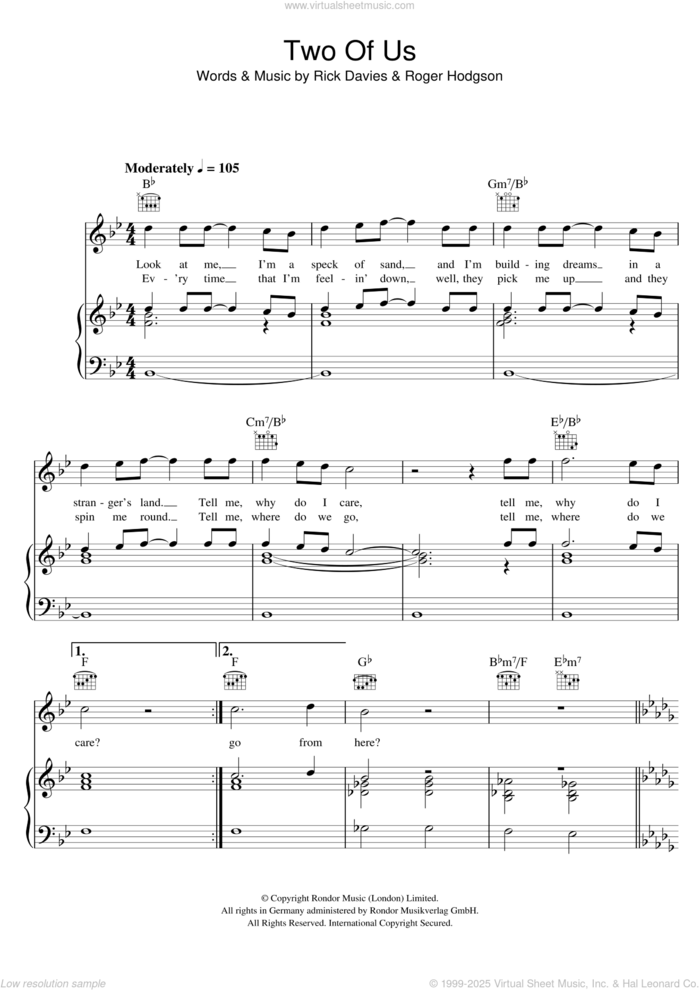 Two Of Us sheet music for voice, piano or guitar by Supertramp, Rick Davies and Roger Hodgson, intermediate skill level