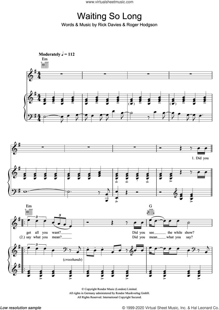 Waiting So Long sheet music for voice, piano or guitar by Supertramp, Rick Davies and Roger Hodgson, intermediate skill level