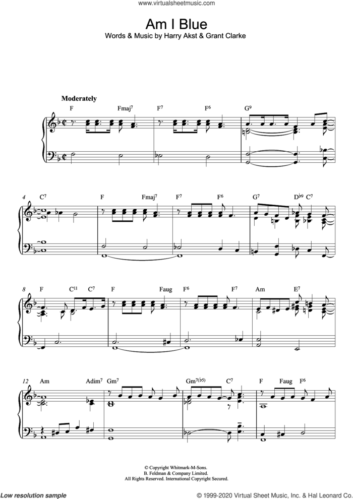 Am I Blue sheet music for piano solo by Billie Holiday, Grant Clarke and Harry Akst, intermediate skill level