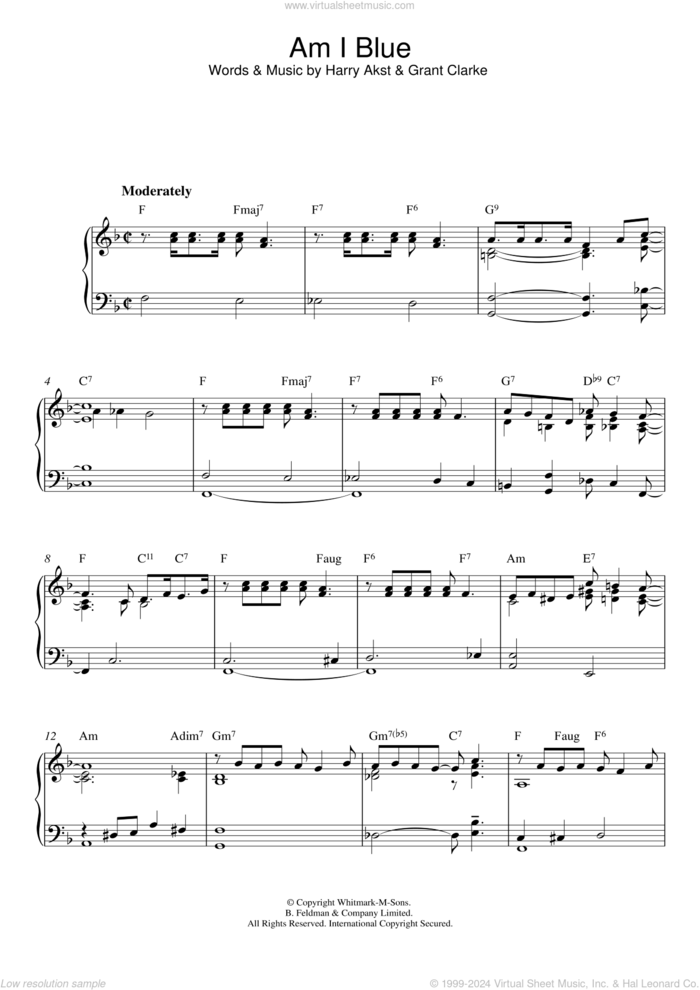 Am I Blue sheet music for piano solo by Billie Holiday, Grant Clarke and Harry Akst, intermediate skill level