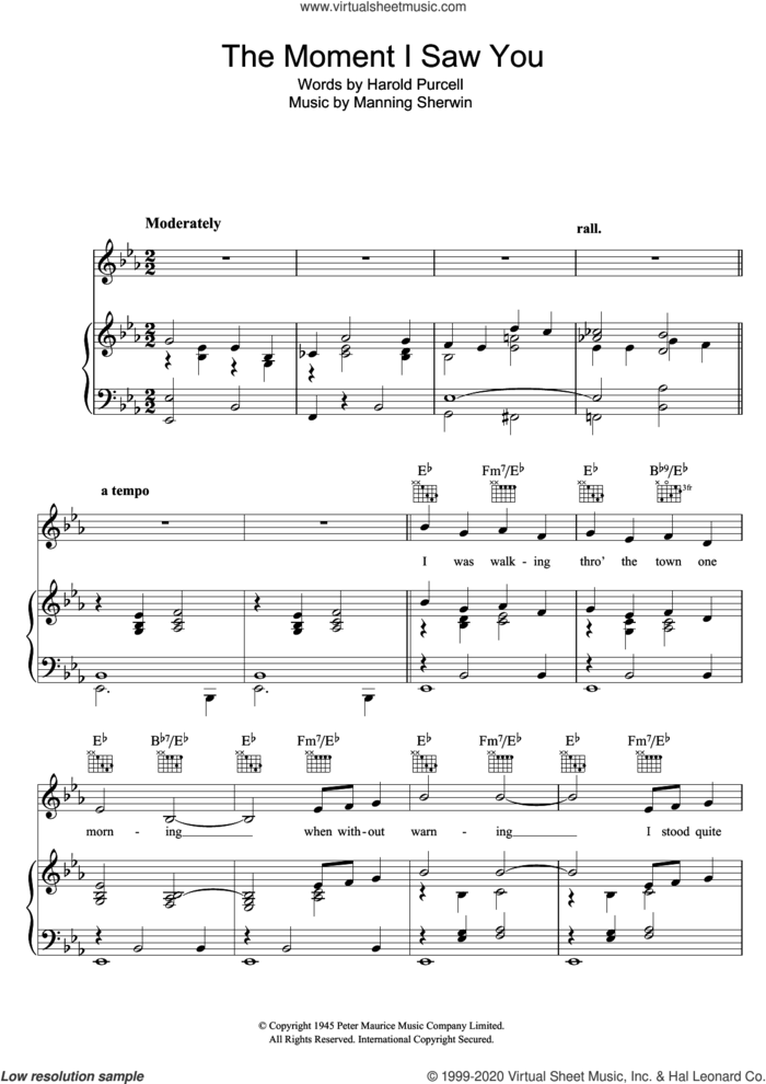 The Moment I Saw You sheet music for voice, piano or guitar by Manning Sherwin and Harold Purcell, intermediate skill level