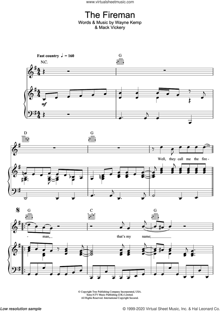 The Fireman sheet music for voice, piano or guitar by George Strait, Mack Vickery and Wayne Kemp, intermediate skill level