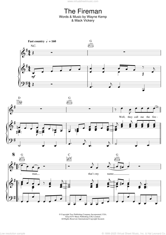 The Fireman sheet music for voice, piano or guitar by George Strait, Mack Vickery and Wayne Kemp, intermediate skill level