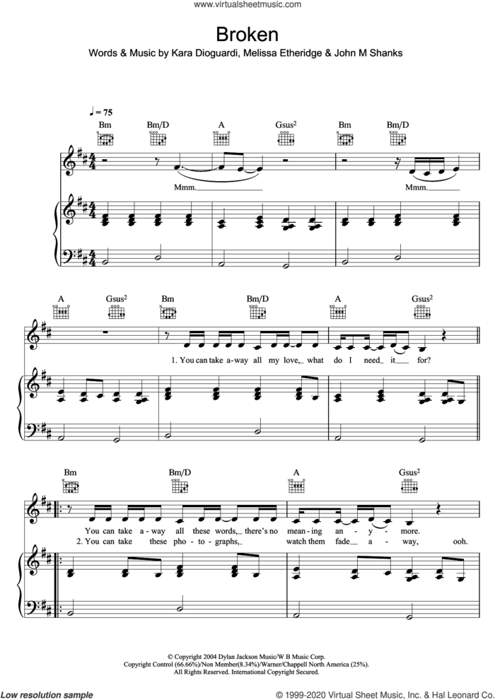 Broken sheet music for voice, piano or guitar by Leona Lewis, John Shanks, Kara DioGuardi and Melissa Etheridge, intermediate skill level