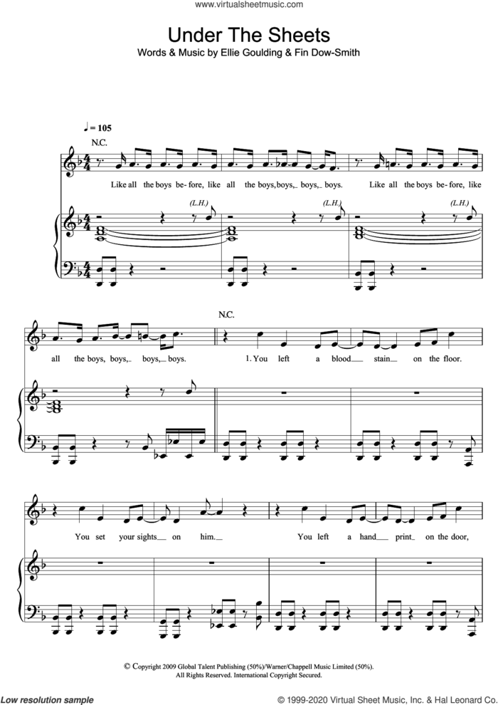 Under The Sheets sheet music for voice, piano or guitar by Ellie Goulding and Fin Dow-Smith, intermediate skill level