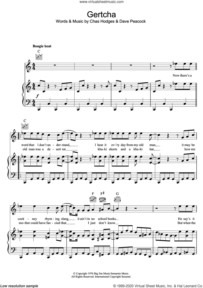 Gertcha sheet music for voice, piano or guitar by Chas & Dave, Chas Hodges and Dave Peacock, intermediate skill level