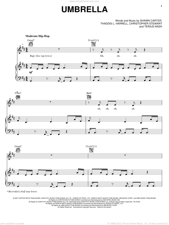 Umbrella sheet music for voice, piano or guitar by Rihanna featuring Jay-Z, Jay-Z, Rihanna, Christopher Stewart, Shawn Carter, Terius Nash and Thaddis Harrell, intermediate skill level