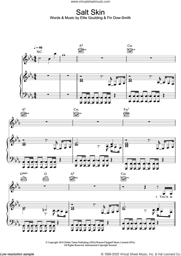 Salt Skin sheet music for voice, piano or guitar by Ellie Goulding and Fin Dow-Smith, intermediate skill level
