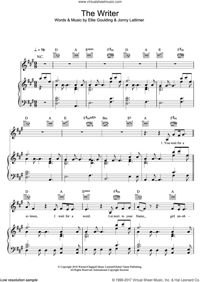 The Writer sheet music for voice, piano or guitar by Ellie Goulding and Jonny Lattimer, intermediate skill level