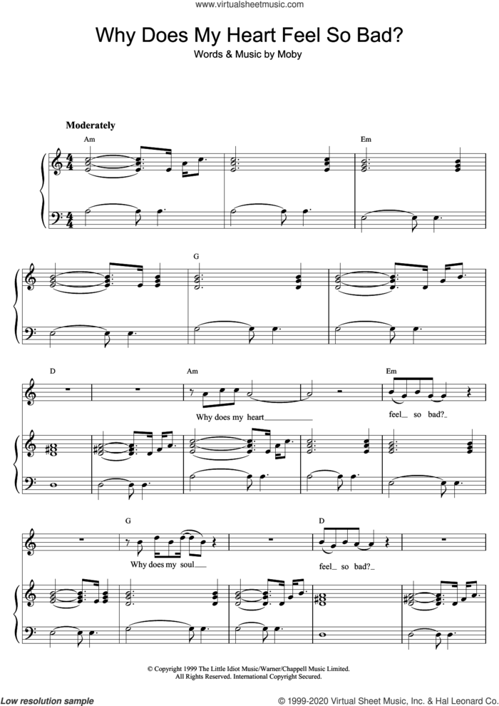 Why Does My Heart Feel So Bad? sheet music for voice, piano or guitar by Moby, intermediate skill level