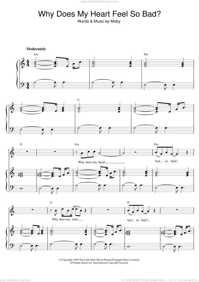 Why Does My Heart Feel So Bad? sheet music for voice, piano or guitar by Moby, intermediate skill level