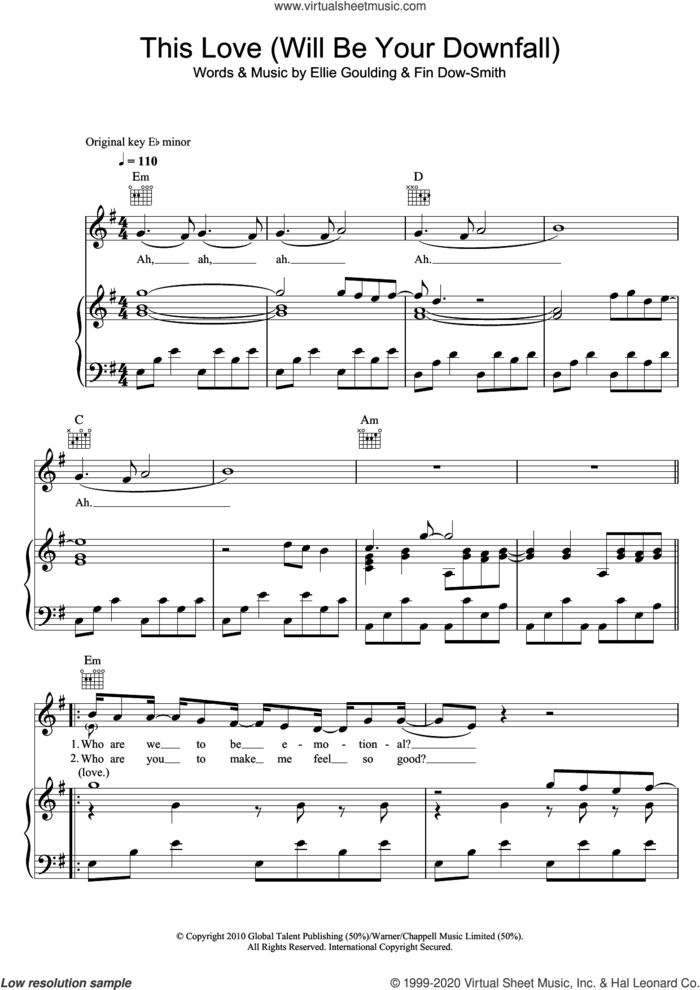 This Love (Will Be Your Downfall) sheet music for voice, piano or guitar by Ellie Goulding and Fin Dow-Smith, intermediate skill level