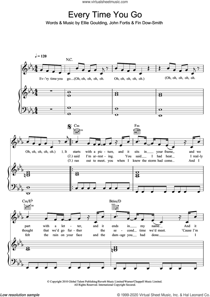 Every Time You Go sheet music for voice, piano or guitar by Ellie Goulding, Fin Dow-Smith and John Fortis, intermediate skill level