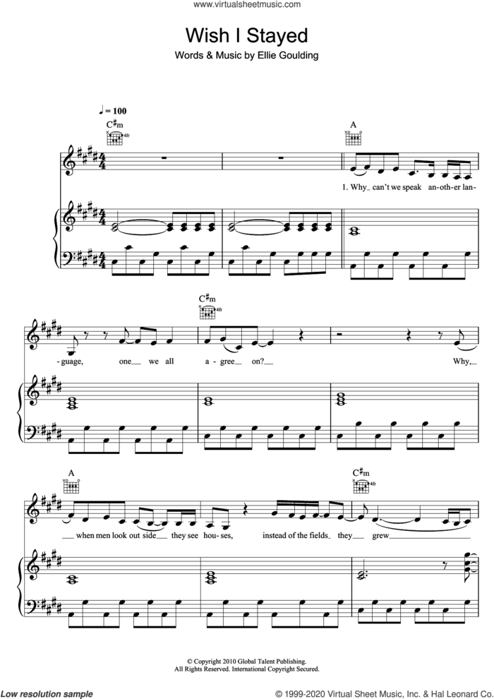 Wish I Stayed sheet music for voice, piano or guitar by Ellie Goulding, intermediate skill level