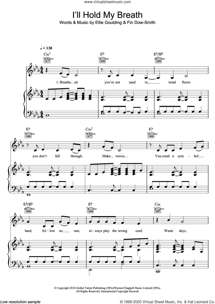 I'll Hold My Breath sheet music for voice, piano or guitar by Ellie Goulding and Fin Dow-Smith, intermediate skill level