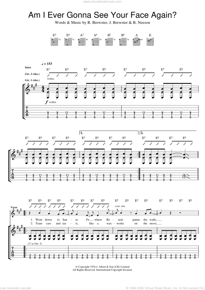 Am I Ever Going To See Your Face Again sheet music for guitar (tablature) by The Angels, B. Neeson, J. Brewster and Rick Brewster, intermediate skill level