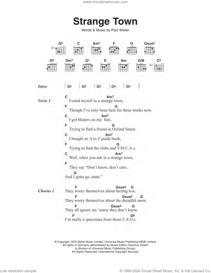 Strange Town sheet music for guitar (chords) by The Jam and Paul Weller, intermediate skill level