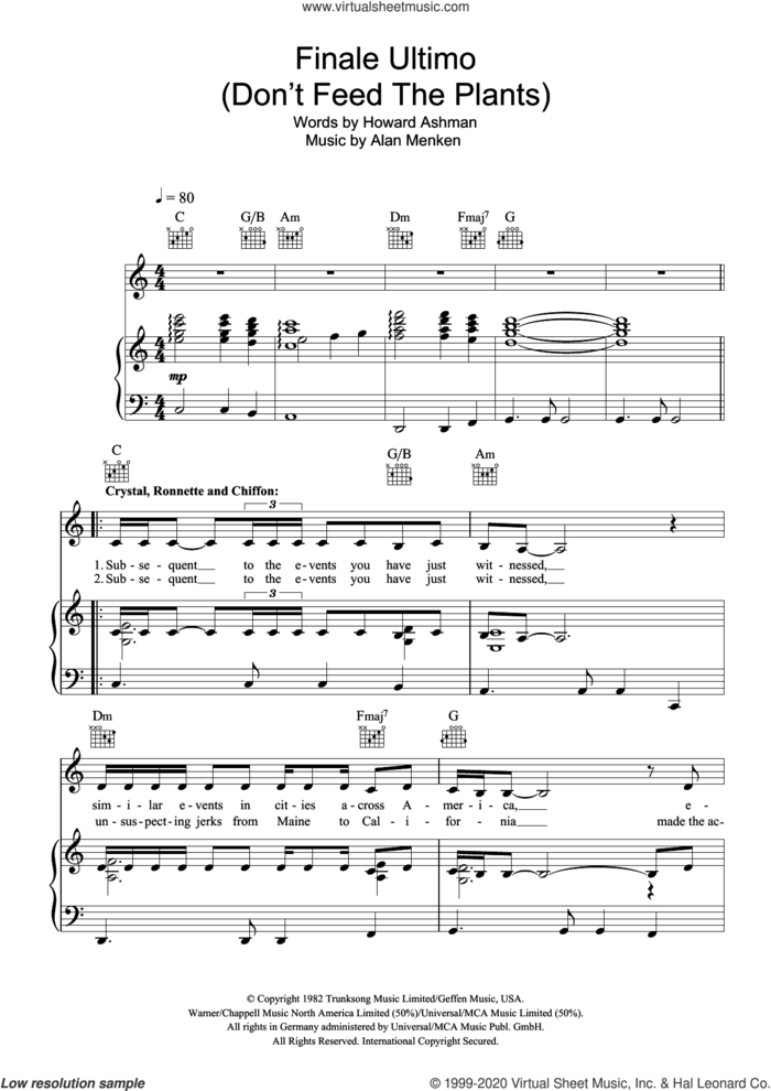Finale Ultimo (Don't Feed The Plants) sheet music for voice, piano or guitar by Howard Ashman and Alan Menken, intermediate skill level