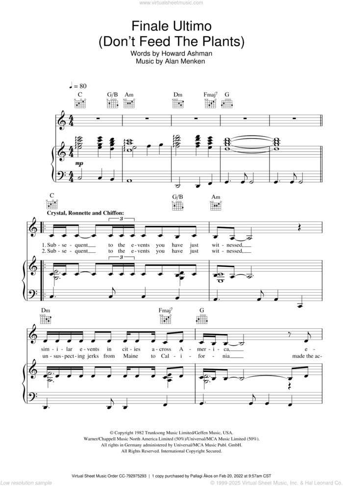 Finale Ultimo (Don't Feed The Plants) sheet music for voice, piano or guitar by Howard Ashman and Alan Menken, intermediate skill level