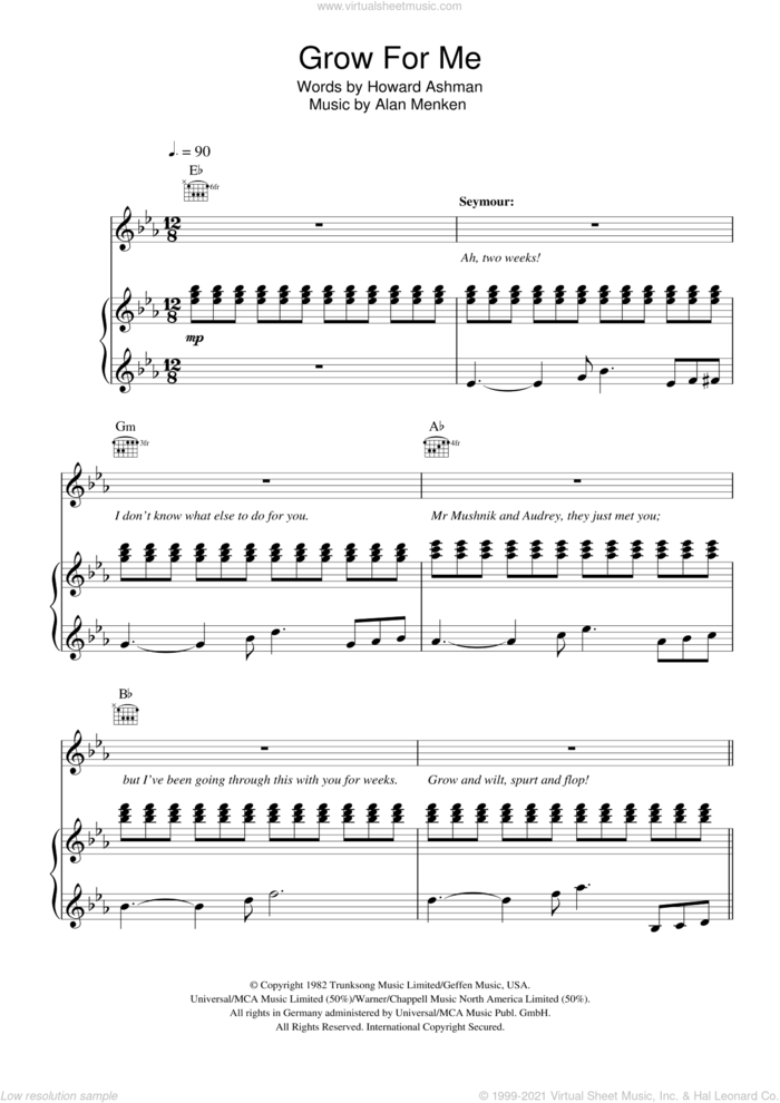 Grow For Me (from Little Shop of Horrors) sheet music for voice, piano or guitar by Howard Ashman and Alan Menken, intermediate skill level