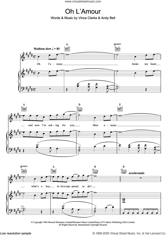 Oh L'Amour sheet music for voice, piano or guitar by Erasure, Andy Bell and Vince Clarke, intermediate skill level