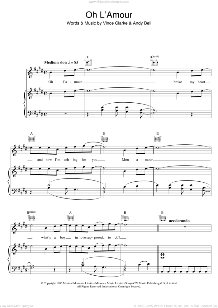 Oh L'Amour sheet music for voice, piano or guitar by Erasure, Andy Bell and Vince Clarke, intermediate skill level