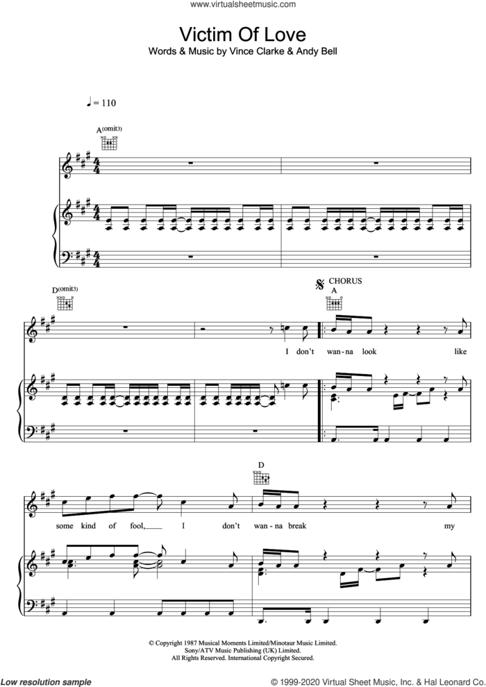 Victim Of Love sheet music for voice, piano or guitar by Erasure, Andy Bell and Vince Clarke, intermediate skill level