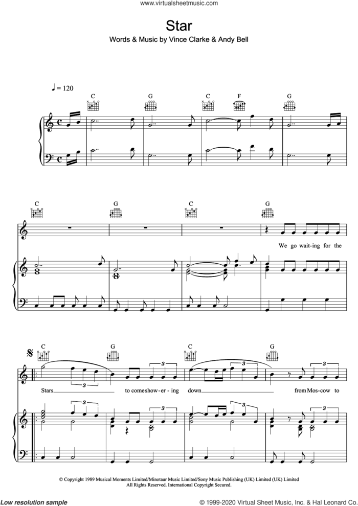 Star sheet music for voice, piano or guitar by Erasure, Andy Bell and Vince Clarke, intermediate skill level