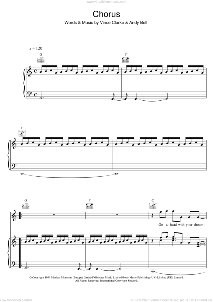 Chorus sheet music for voice, piano or guitar by Erasure, Andy Bell and Vince Clarke, intermediate skill level