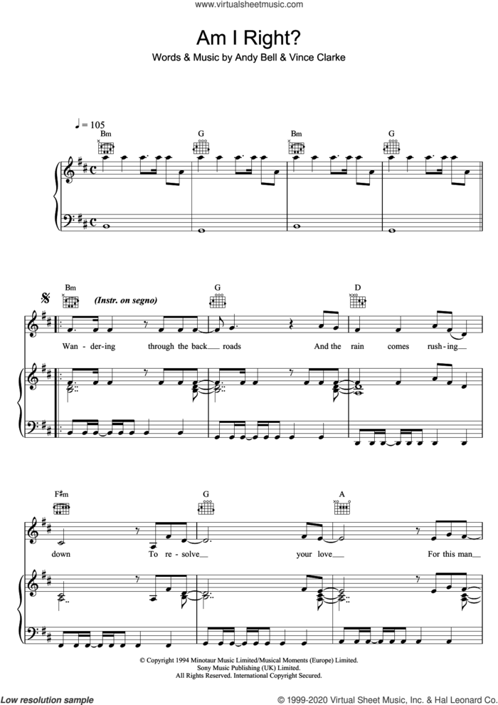 Am I Right sheet music for voice, piano or guitar by Erasure, Andy Bell and Vince Clarke, intermediate skill level