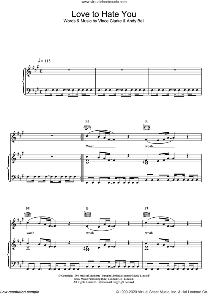 Love To Hate You sheet music for voice, piano or guitar by Erasure, Andy Bell and Vince Clarke, intermediate skill level