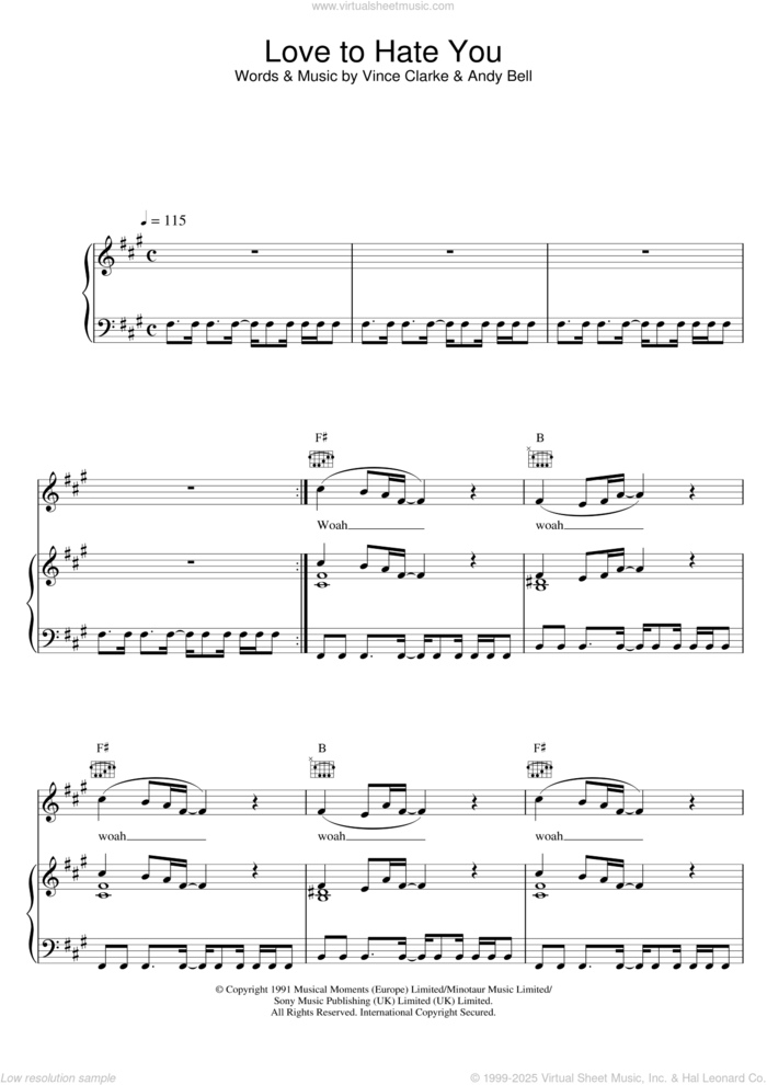 Love To Hate You sheet music for voice, piano or guitar by Erasure, Andy Bell and Vince Clarke, intermediate skill level