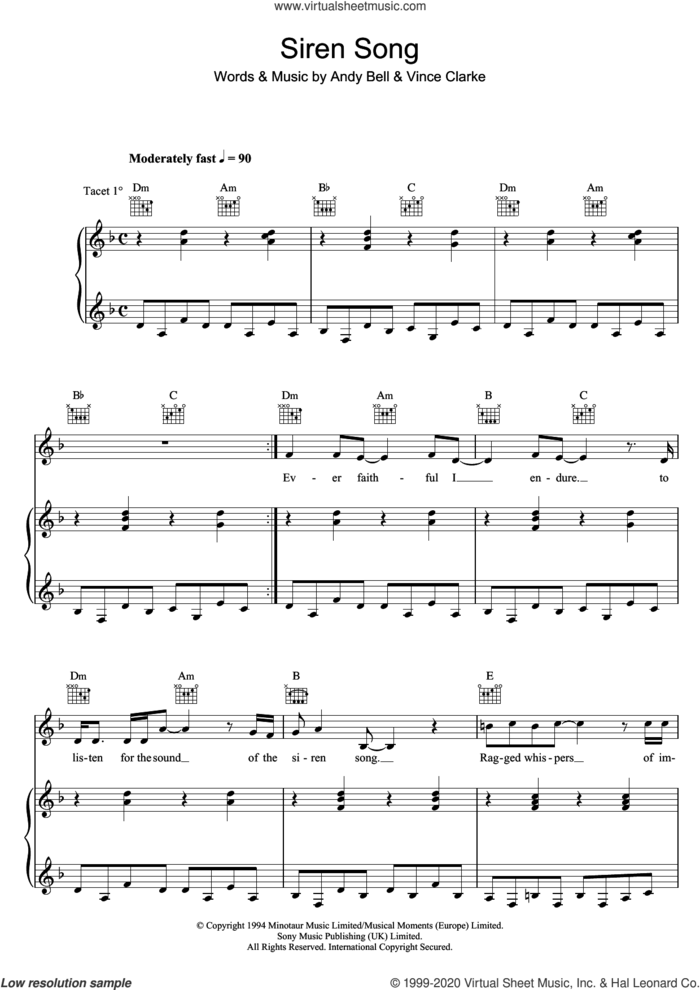 Siren Song sheet music for voice, piano or guitar by Erasure, Andy Bell and Vince Clarke, intermediate skill level