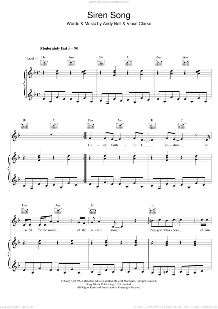 Siren Song sheet music for voice, piano or guitar by Erasure, Andy Bell and Vince Clarke, intermediate skill level