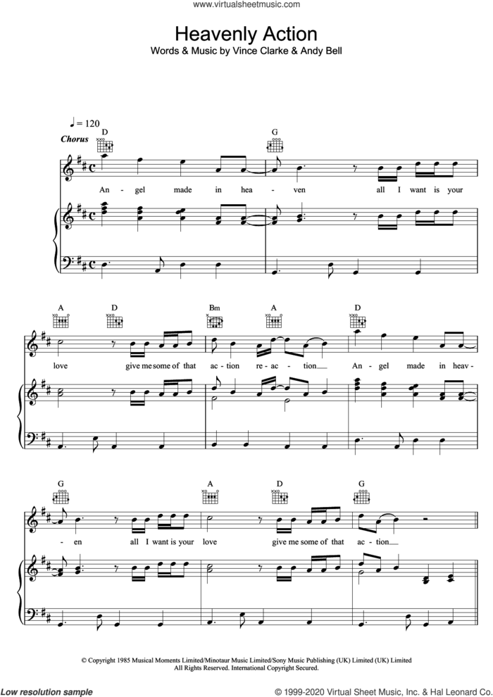 Heavenly Action sheet music for voice, piano or guitar by Erasure, Andy Bell and Vince Clarke, intermediate skill level