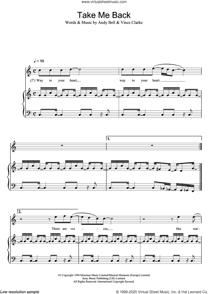 Take Me Back sheet music for voice, piano or guitar by Erasure, Andy Bell and Vince Clarke, intermediate skill level