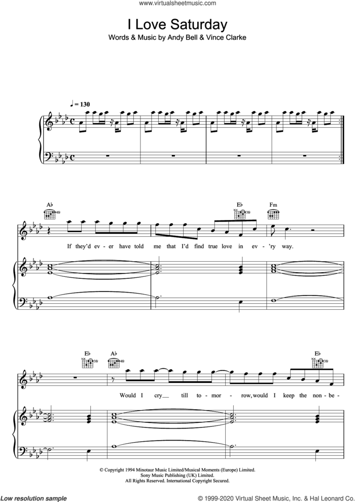 I Love Saturday sheet music for voice, piano or guitar by Erasure, Andy Bell and Vince Clarke, intermediate skill level