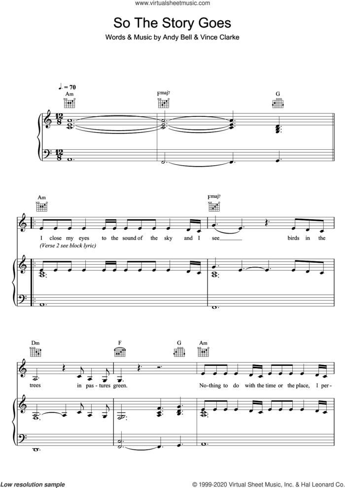So The Story Goes sheet music for voice, piano or guitar by Erasure, Andy Bell and Vince Clarke, intermediate skill level