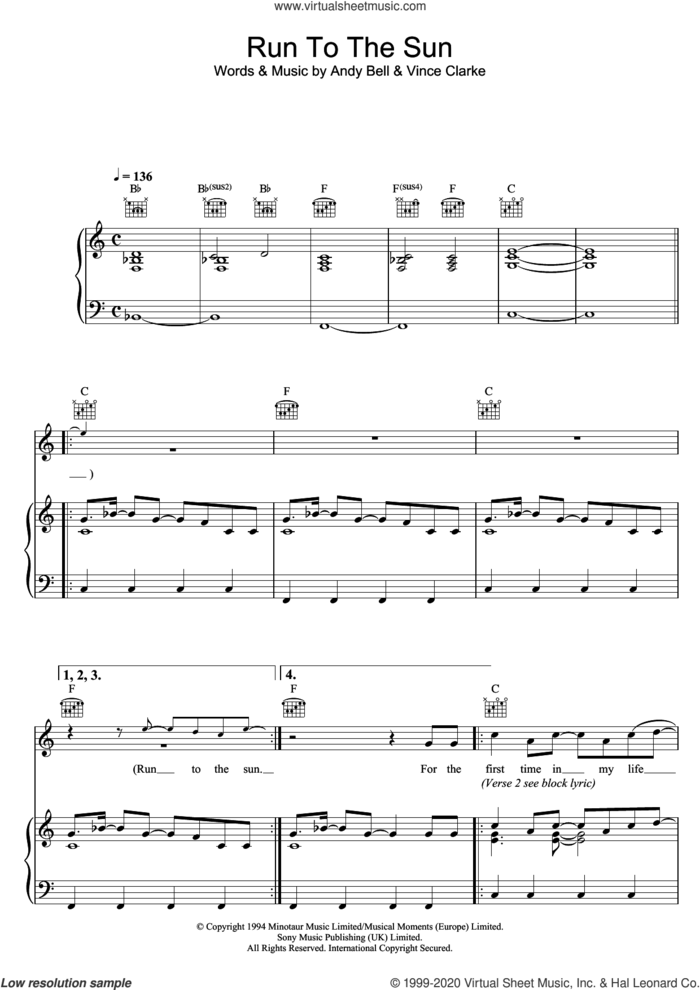 Run To The Sun sheet music for voice, piano or guitar by Erasure, Andy Bell and Vince Clarke, intermediate skill level