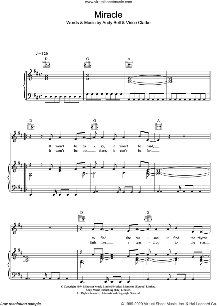 Miracle sheet music for voice, piano or guitar by Erasure, Andy Bell and Vince Clarke, intermediate skill level