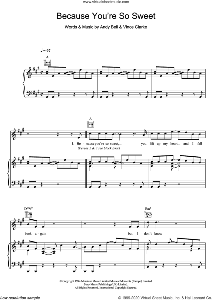 Because You're So Sweet sheet music for voice, piano or guitar by Erasure, Andy Bell and Vince Clarke, intermediate skill level