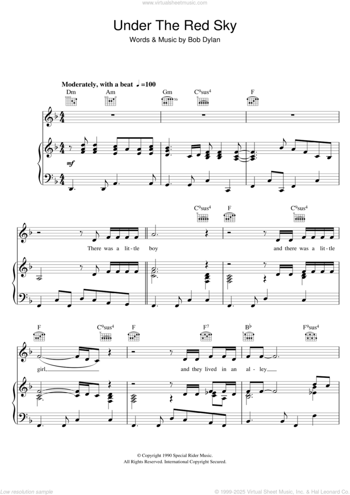 Under The Red Sky sheet music for voice, piano or guitar by Bob Dylan, intermediate skill level