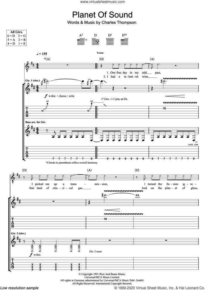 Planet Of Sound sheet music for guitar (tablature) by The Pixies and Charles Thompson, intermediate skill level