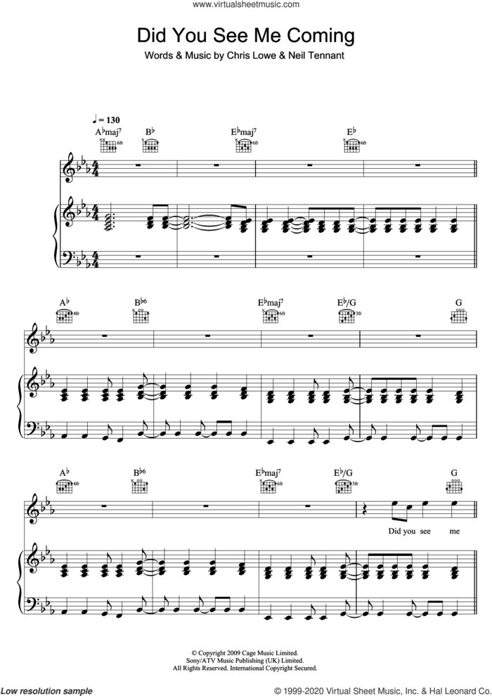 Did You See Me Coming sheet music for voice, piano or guitar by Pet Shop Boys, Chris Lowe and Neil Tennant, intermediate skill level