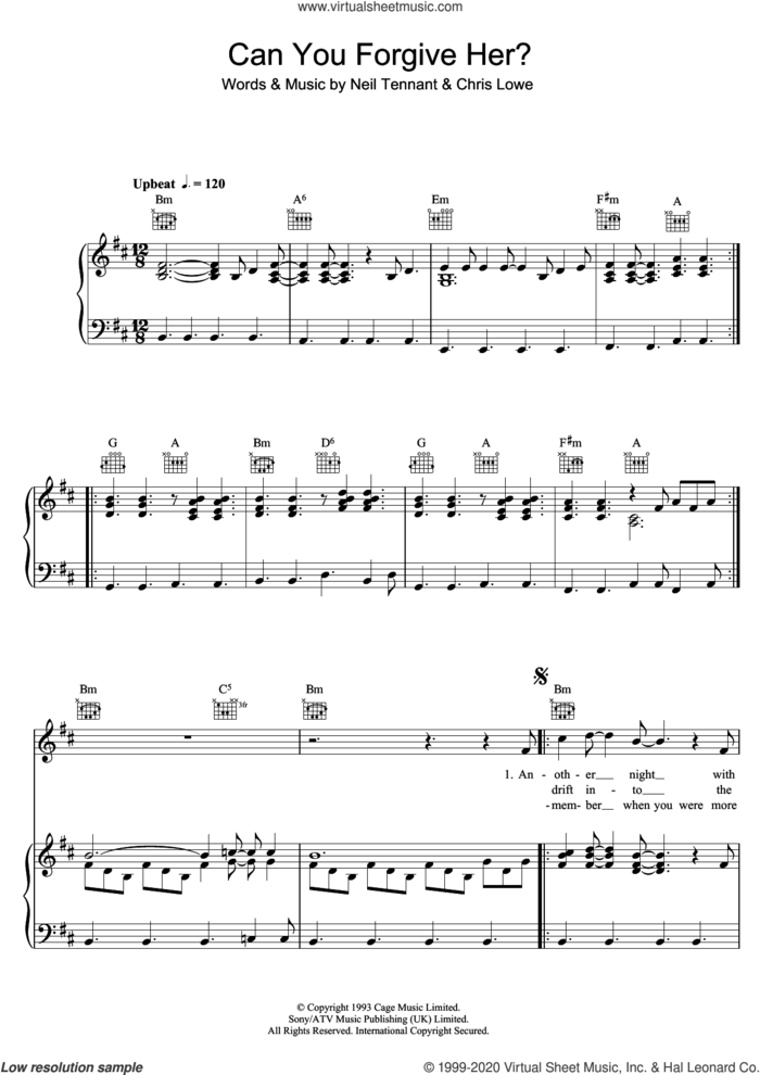 Can You Forgive Her? sheet music for voice, piano or guitar by Pet Shop Boys, Chris Lowe and Neil Tennant, intermediate skill level