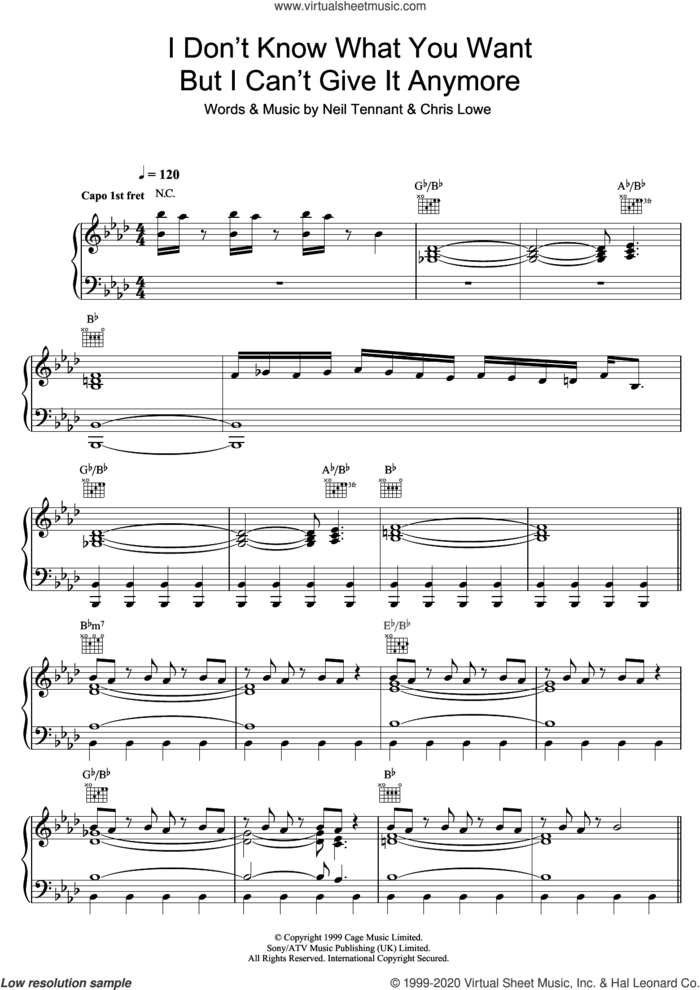 I Don't Know What You Want But I Can't Give It Anymore sheet music for voice, piano or guitar by Pet Shop Boys, Chris Lowe and Neil Tennant, intermediate skill level