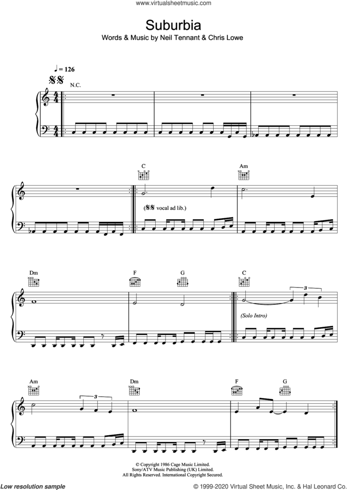 Suburbia sheet music for voice, piano or guitar by Pet Shop Boys, Chris Lowe and Neil Tennant, intermediate skill level