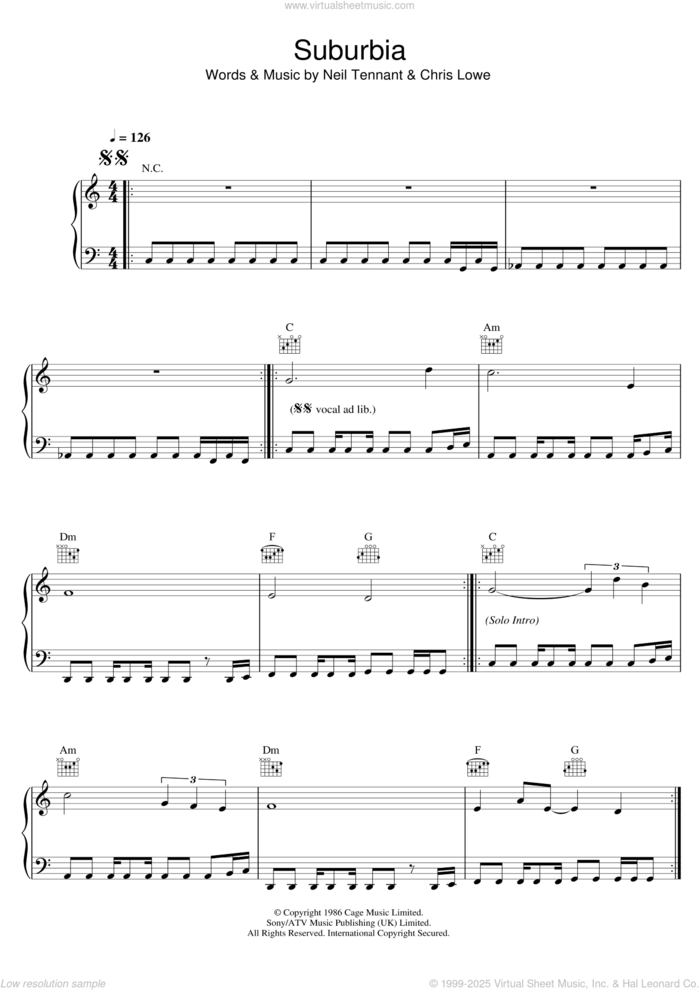 Suburbia sheet music for voice, piano or guitar by Pet Shop Boys, Chris Lowe and Neil Tennant, intermediate skill level