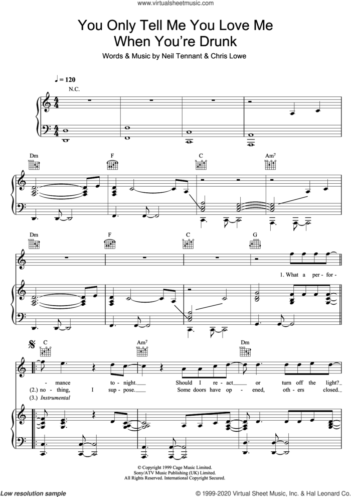 You Only Tell Me You Love Me When You're Drunk sheet music for voice, piano or guitar by Pet Shop Boys, Chris Lowe and Neil Tennant, intermediate skill level